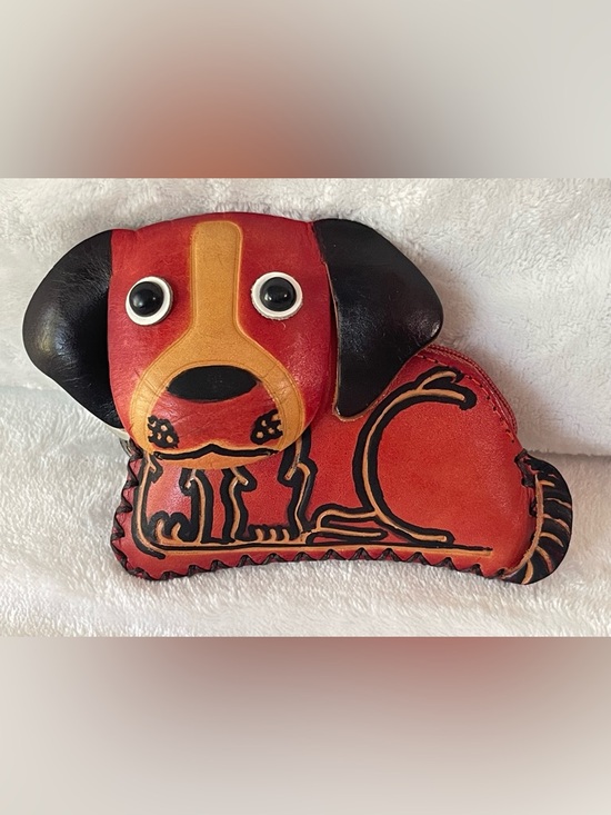 Handmade Handbags - Vintage handmade Leather Dog Puppy coin purse pouch key chain